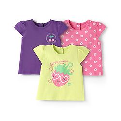 Babyhug Cotton Knit Cap Sleeves T-Shirts with Floral & Fruits Print Pack of 3 - Purple Pink & Limegreen