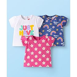 Babyhug Cotton Knit Half Sleeves T-Shirts with Text Floral & Rainbow Print Pack of 3 - Pink White & Navy Blue