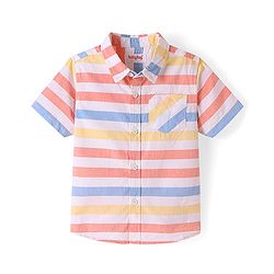 Babyhug Cotton Woven Half Sleeves Striped Shirt - White Yellow & Blue