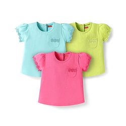 Babyhug Cotton Knit Half Sleeves T-shirts With Floral Lace Detailing Pack Of 3 - Light Blue & Dark Pink