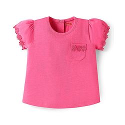 Babyhug Cotton Knit Half Sleeves T-shirts With Floral Lace Detailing Pack Of 3 - Light Blue & Dark Pink