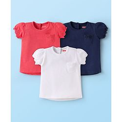 Babyhug Cotton Knit Half Puffed Sleeves Solid Color T-Shirts Pack of 3 - Red Navy Blue & White