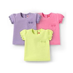 Babyhug Cotton Knit Half Sleeves T-Shirts with Floral Embroidery Pack of 3 - Pink Lilac & Limegreen