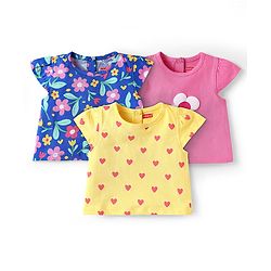 Babyhug Cotton Knit Cap Sleeves T-Shirts with Floral & Hearts Print Pack of 3 - Yellow Blue & Pink