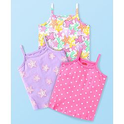 Babyhug 100% Cotton Antibacterial Singlet Slips Pack Of 3 With Polka Dots Star & Fish Print Pack Of 3 - Pink Purple