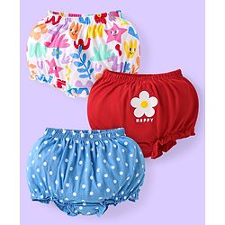 Babyhug 100% Cotton Knit Antibacterial Bloomers with Polka Dots & Floral Print Pack of 3  - White Red & Blue