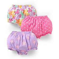 Babyhug 100% Cotton Knit Bloomers with Sea Life & Polka Dots Print Pack of 3 - Lilac Pink & White