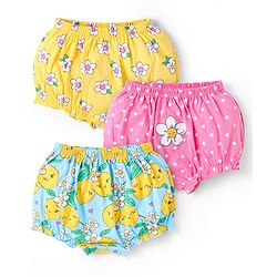 Babyhug 100% Cotton Single Jersey Knit Antibacterial Bloomers With Polka Dots & Floral Print Pack of 3 - Pink Yellow & Light Blue