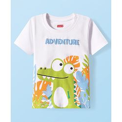 Babyhug Cotton Knit Half Sleeves T-Shirt With Adventure Text & Dino Print - White
