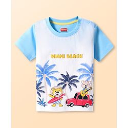 Babyhug Cotton Knit Half Sleeves T-Shirt with Puff Print & Ombre Effect - White & Light Blue