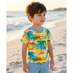 Babyhug Cotton Knit Half Sleeves T-Shirt with Beach Theme Print - White