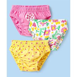 Babyhug Single Jersey Knit Antibacterial Panties  With Heart & Floral Print Pack Of 3 - Yellow Pink & White