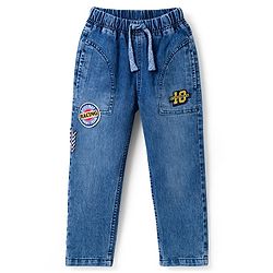 Babyhug Full Length Washed Denim Jeans With Stretch & Patch Detailing - Blue