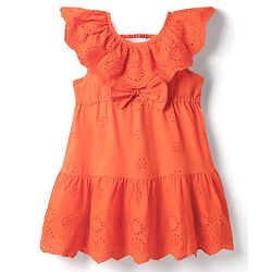 Babyhug Cotton Woven Sleeveless Frock With Schiffli Design & Bow Applique - Orange
