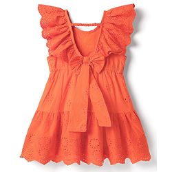 Babyhug Cotton Woven Sleeveless Frock With Schiffli Design & Bow Applique - Orange