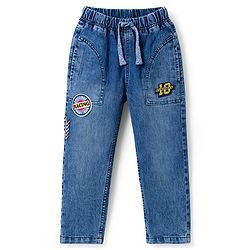 Babyhug Full Length Washed Denim Jeans With Stretch & Patch Detailing - Blue