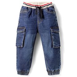 Babyhug Cotton Denim Full Length Washed Joggers with Stretch & Pocket - Blue