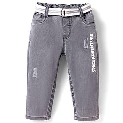 Babyhug Cotton Denim Full Length Washed Jeans with Stretch & Belt - Grey