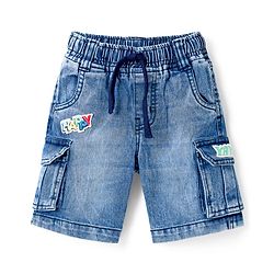Babyhug Above Knee Length Denim Bermuda With Stretch & Text Embroidery - Blue
