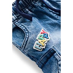 Babyhug Above Knee Length Denim Bermuda With Stretch & Text Embroidery - Blue