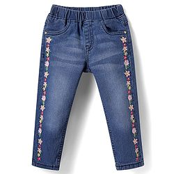 Babyhug Full Length Washed Denim Jeggings with Stretch & Floral Applique - Blue