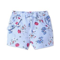 Babyhug Cotton Knit Mid Thigh Shorts with Floral Print Frill Detailing & Bow Applique  - Blue