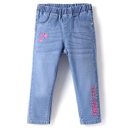 Babyhug Full Length Washed Denim Jeggings with Stretch & Text Embroidery - Light Blue