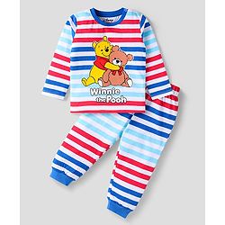 Babyhug Disney Single Jersey Knit Full Sleeves Night Suit With Winnie The Pooh Graphic - Blue Red & Light Blue
