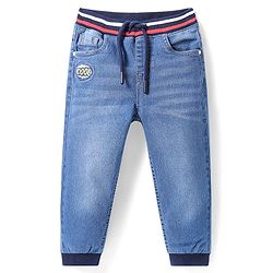 Babyhug Full Length Washed Denim Jeans With Stretch & Text Embroidery - Light Blue