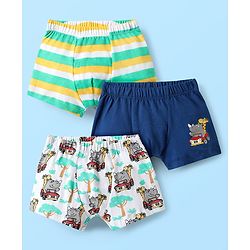 Babyhug 100% Cotton Single Jersey Knit Antibacterial Trunk With Stripes & Animal Print Pack Of 3 - Navy Blue Green & White