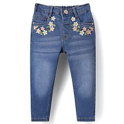 Babyhug Full Length Washed Denim Jeans with  Stretch & Floral Embroidery - Blue