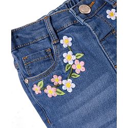 Babyhug Full Length Washed Denim Jeans with  Stretch & Floral Embroidery - Blue