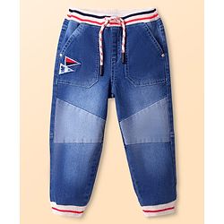 Babyhug Denim Full Length Washed Jeans With Stretch and Patch Embroidery - Blue
