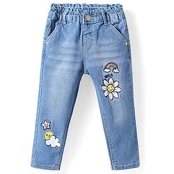 Babyhug Full Length Washed Denim Jeans with Stretch & Sun Embroidery - Light Blue