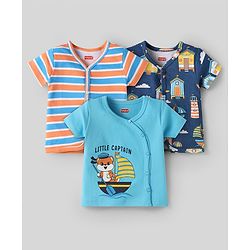 Babyhug 100% Cotton Interlock Knit Front Open Half Sleeves Vests With Stripes & Beach Theme Pack Of 3 - Navy Blue Light Blue & Orange