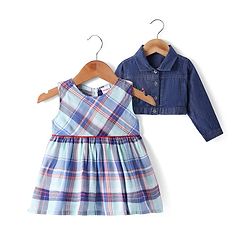 Babyhug Cotton Woven Checkered Frock & Full Sleeves Jacket with Floral Embroidery - Blue