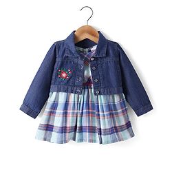 Babyhug Cotton Woven Checkered Frock & Full Sleeves Jacket with Floral Embroidery - Blue