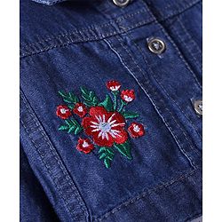Babyhug Cotton Woven Checkered Frock & Full Sleeves Jacket with Floral Embroidery - Blue