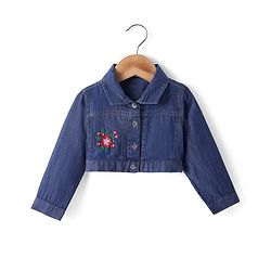 Babyhug Cotton Woven Checkered Frock & Full Sleeves Jacket with Floral Embroidery - Blue