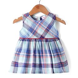 Babyhug Cotton Woven Checkered Frock & Full Sleeves Jacket with Floral Embroidery - Blue