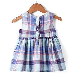 Babyhug Cotton Woven Checkered Frock & Full Sleeves Jacket with Floral Embroidery - Blue