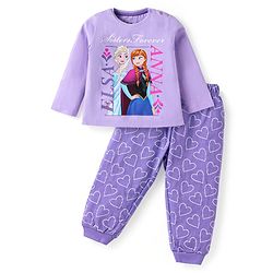 Babyhug Disney Single Jersey Knit Full Sleeves Night Suit With Frozen Elsa & Anna Graphic - Purple