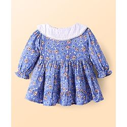 Babyhug Cotton Woven Full Sleeves Peter Pan Collared Front Open Frock with Floral Print - Blue