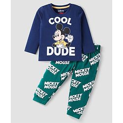 Babyhug Disney Single Jersey Knit Full Sleeves Night Suit with Mickey Mouse Graphics - Navy Blue & Green