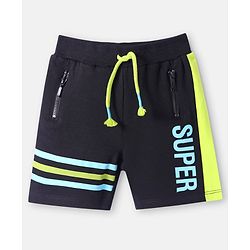 Babyhug Cotton Knit Mid Thigh Length Cut & Sew Shorts with Text Print & Stripes - Black