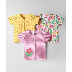 Babyhug Interlock Knit Half Sleeves Front Open Antibacterial Vests With Stripes Floral & Heart Print Pack Of 3 - Pink Yellow & White