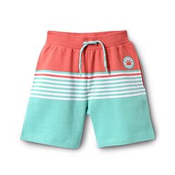 Babyhug Cotton Knit Mid Thigh Shorts with Beach Theme Patch - Coral & Light Blue