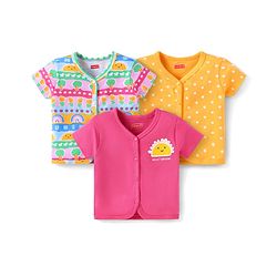 Babyhug Interlock Knit Half Sleeves Antibacterial Open Vest With Polka & Floral Print Pack Of 3 - Yellow & Pink