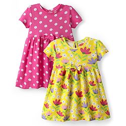 Babyhug Single Jersey Knit Half Sleeves Anti Bacterial Frocks with Heart & Bunny Print  Pack of 2 - Dark Pink & Yellow