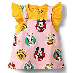 Babyhug Disney Single Jersey Knit  Sleeveless T-Shirt With Frock & Minnie & Friends Graphic & Frill Detailing - Pink